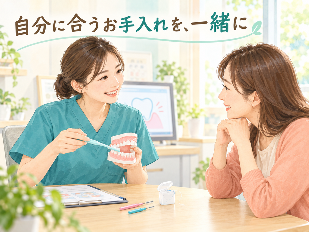 歯ブラシや歯間ブラシの使い方を歯科衛生士に相談する様子