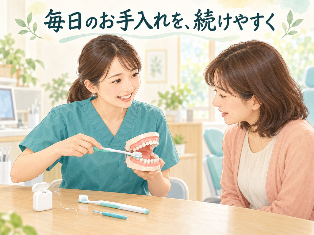 歯ブラシやフロスの使い方を歯科衛生士に相談する様子